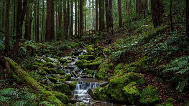 Serene Forest Stream Cascading Over Moss Covered Rocks in Lush Woods.