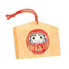 達磨が描かれた絵馬のイラスト｜Japanese Ema with Daruma Design