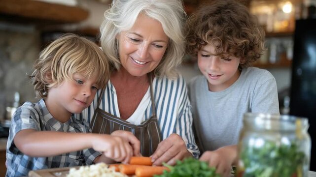 A joyful three-generation family collaborates on a plant-based meal, with grandma peeling carrots, kids arranging greens, and a jar of vibrant vegetable leftovers.