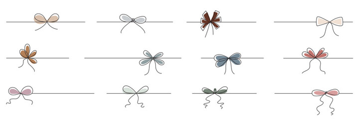 Hand drawn girly coquette bow ribbons set. Editable stroke line. Vector stock illustration isolated on white background for design template birthday, wedding, Christmas card, invitation, sale banner