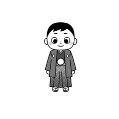 A monochrome hand-drawn illustration of a boy in Haori and Hakama, perfect for Shichi-Go-San celebration, Japanese New Year designs, and cultural projects.