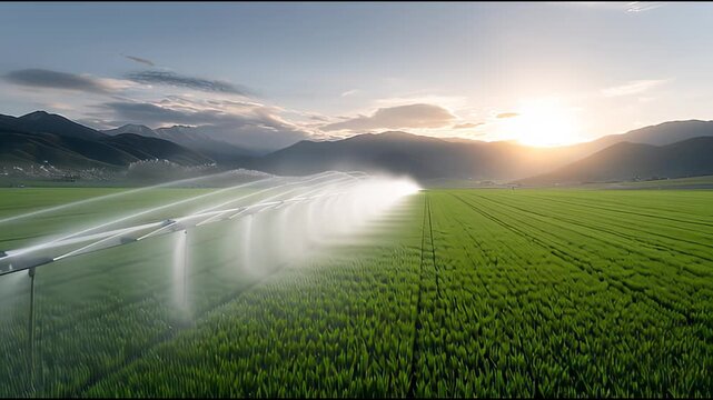 Aerial view of center pivot irrigation system spraying water across lush green agriculture field. Peaceful rural sunrise with