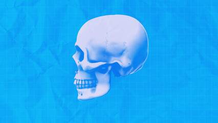 A blueprint style anatomical human skull side view.