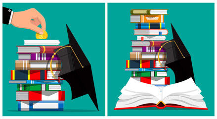 Hand places coin on book stack with graduation cap, symbolizing education investment. Knowledge growth and financial contribution for learning.