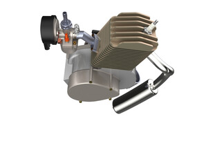 Essential 2-Stroke Bicycle Engine Kit: High-Res 3D Render of Internal Combustion Motor featuring Spark Plug, Carburetor, Exhaust. Ideal for DIY Workshop Projects, Moped Repair and Custom Bike Builds.