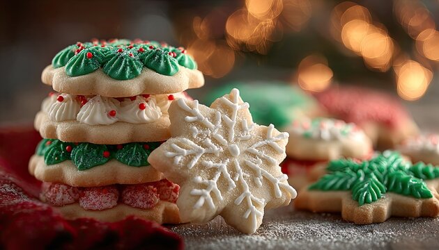 Christmas cookies, iced and decorated, stacked and arranged - Powered by Adobe