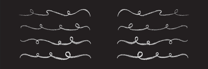 Chalk or crayon hand drawn flourish set. Vector stock illustration isolated on black background for design template post, invitation, wedding, valentine day or Birthday decoration.