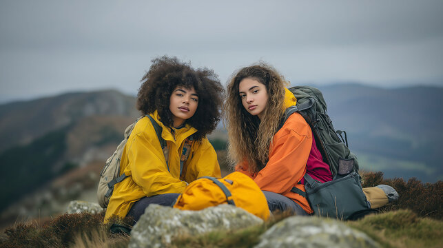 Two women sitting on cliff edge in mountain landscape, wearing colorful jackets, with backpacks nearby, looking at camera
