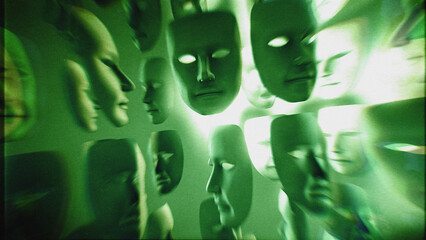 Lots of spinning theatre masks with dramatic light and shadow in stylised green night vision style with glitch TV noise.