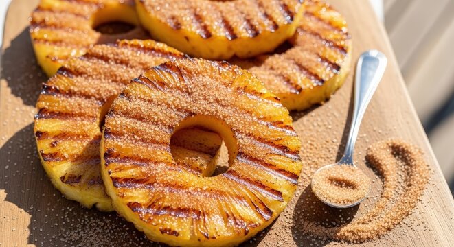 Grilled pineapple rings with cinnamon sugar, arranged on a wooden board with a spoon. - Powered by Adobe