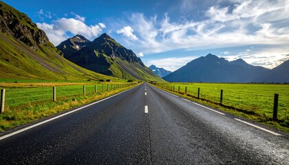 Naklejka premium Scenic mountain road, vibrant landscape