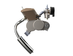 Professional 3D Rendering of Motorized Bicycle Kit Engine Block: Mechanical Engineering Illustration of a Small Gasoline Motor Component, Crankcase, and Exhaust System. PNG Transparent HD Image.