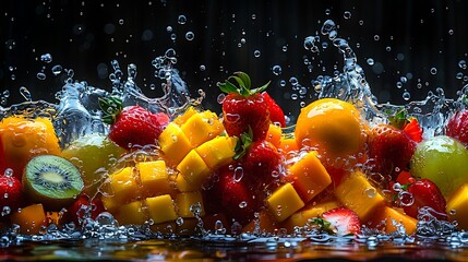 Vibrant mixed fruits splash with water droplets, showcasing freshness and healthy lifestyle.