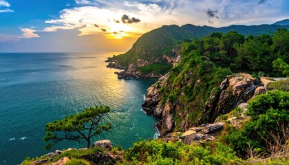 Fototapeta premium Coastal sunset, dramatic cliffs, lush greenery