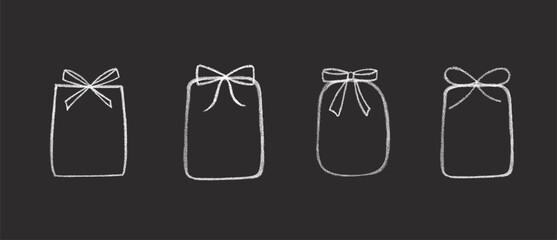 Chalk or crayon frame with bow and ribbon set. Hand draw vector illustration isolated on black background for design template birthday, Christmas, wedding card, invitation, menu, poster, sale tag