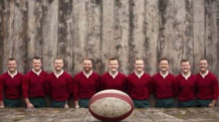 A rugby ball in focus with multiple players in red jerseys blurred in the background, set against a rustic wooden wall.