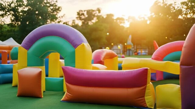 Colorful inflatable obstacle course and bounce houses set up in a sunny park.