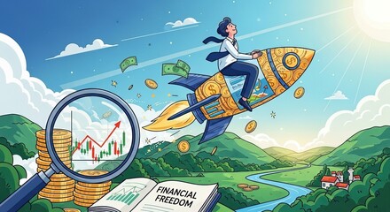Successful investor riding a rocket to financial freedom with rising stock market growth