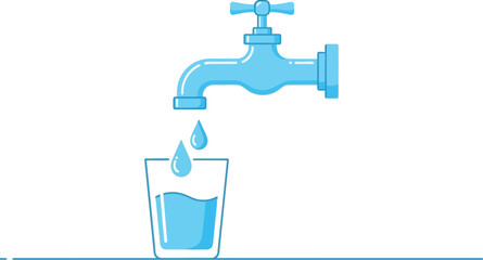 Clean water flowing from a faucet into a clear glass on a white background.