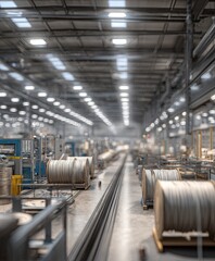 Industrial factory interior, rows of spools