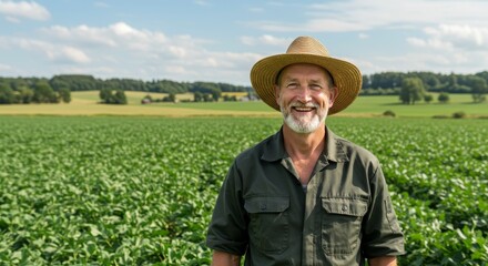 Smiling mature farmer stands proudly in his cultivated green field