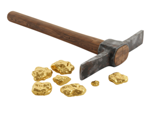 Gold Nuggets and Mining Pickaxe isolated on transparent background