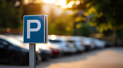 Blue parking sign with white "P" symbol in focus, blurred background of parked cars and greenery during golden hour sunlight