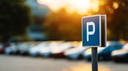 Parking sign in focus with a blurred background of parked cars during sunset, highlighting a parking area in an outdoor lot