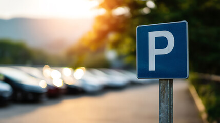 A blue parking sign with a white "P" stands in focus beside a row of blurred parked cars at sunset, with greenery and mountains in the background