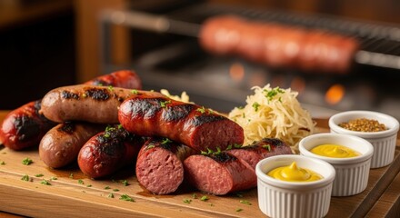 Close-up shot of grilled sausages with sauerkraut and mustard dips on a wooden board.