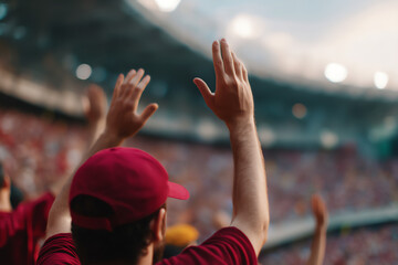 A person wearing a red cap and shirt raises hands in a crowded stadium, cheering or celebrating during a sporting event with blurred audience and stadium lights in the background