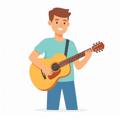 Cartoon illustration of a boy playing an acoustic guitar, smiling happily.
