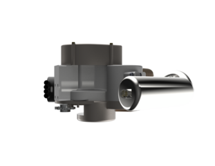 Professional 3D Rendering of Motorized Bicycle Kit Engine Block: Mechanical Engineering Illustration of a Small Gasoline Motor Component, Crankcase, and Exhaust System. PNG Transparent HD Image.