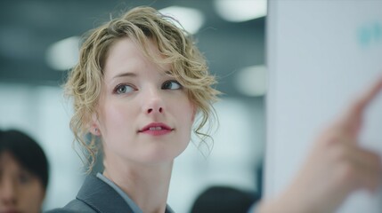 Business woman presenting at meeting with team in office sales presentation