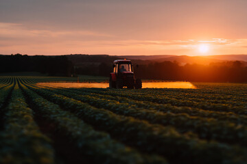 Fototapeta premium A tractor sprays crops in a vast field as the sun sets, casting a golden light over the farmland and creating a peaceful rural atmosphere