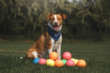 Joyful dog with bandana sits proudly amidst a colorful collection of outdoor play balls on grassy lawn