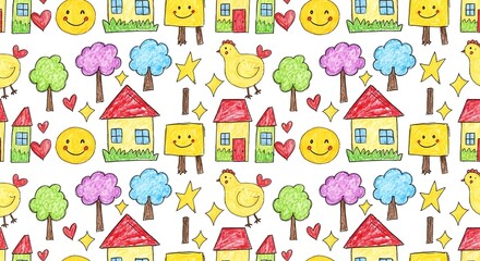 Cute Cartoon Seamless Pattern of Houses Trees Smiley Faces and Chickens.