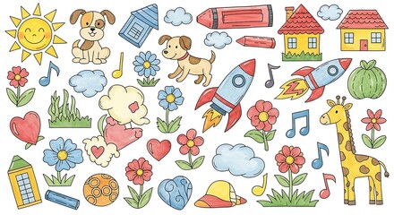Naklejka premium Cute hand drawn doodle collection for children featuring animals nature and toys.
