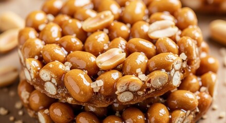 Close-up shot of a stack of delicious peanut brittle candy, a sweet treat.