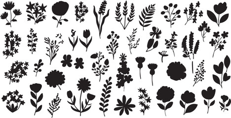 Black and white floral vector pack: silhouette flowers, leaves, and botanical elements eps