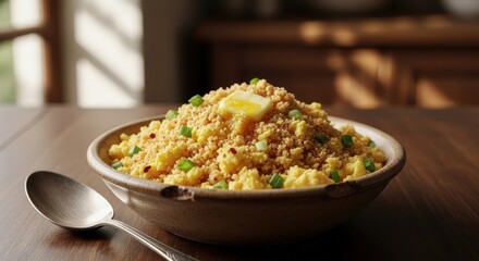 Close-up shot of a bowl filled with couscous, garnished with butter and herbs.