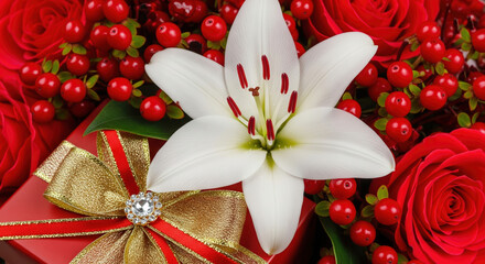Luxurious floral bouquet with a white lily, red roses, and a gift box with a gold bow. Concept for a celebration, holiday, anniversary, or Valentine's Day.