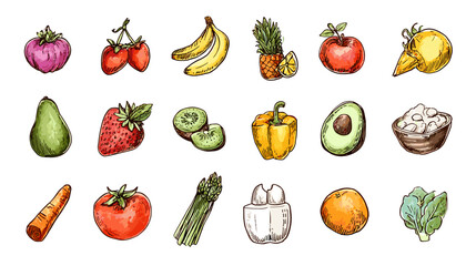 Colorful hand-drawn fruits and vegetables collection