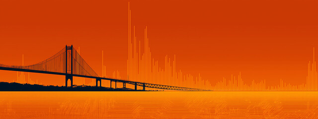 Minimalist vector illustration of a bridge connecting business and technology landscapes with graphs and circuit patterns, in corporate colors, wide for web header