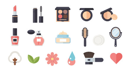 Cosmetics and beauty essentials collection featuring lipstick, mascara, and skincare products