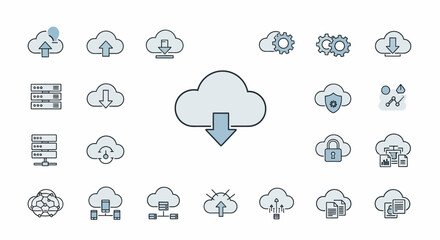 Modern cloud computing icons showcase data transfer, security, and network management solutions