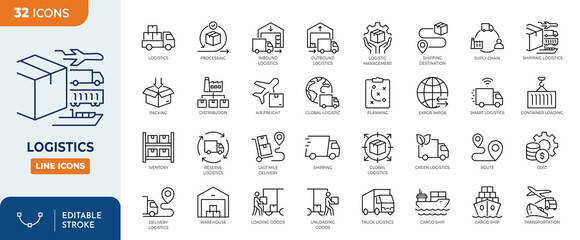 Logistics line editable icon set. Contain icons related to Shipping, delivery, distribution, cargo, supply chain, freight,  export, import, and more. Editable stroke. Vector illustration