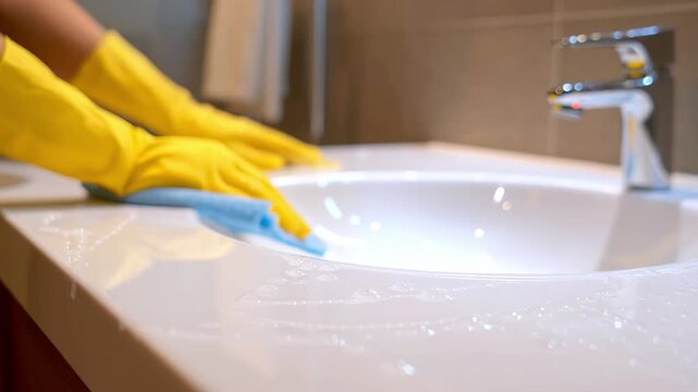 Close-up video of bathroom cleaning in progress
