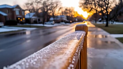 Close-up of a frost-covered wooden railing with ice beads, looking toward a sunlit winter street and blurred houses in the distance. - Powered by Adobe