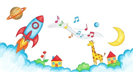 Fototapeta premium Whimsical Watercolor Illustration of a Rocket Ship in a Fantasy World.